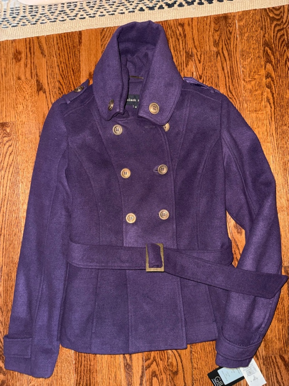 Black Rivet Purple Double-Breasted Belted Pea Coat